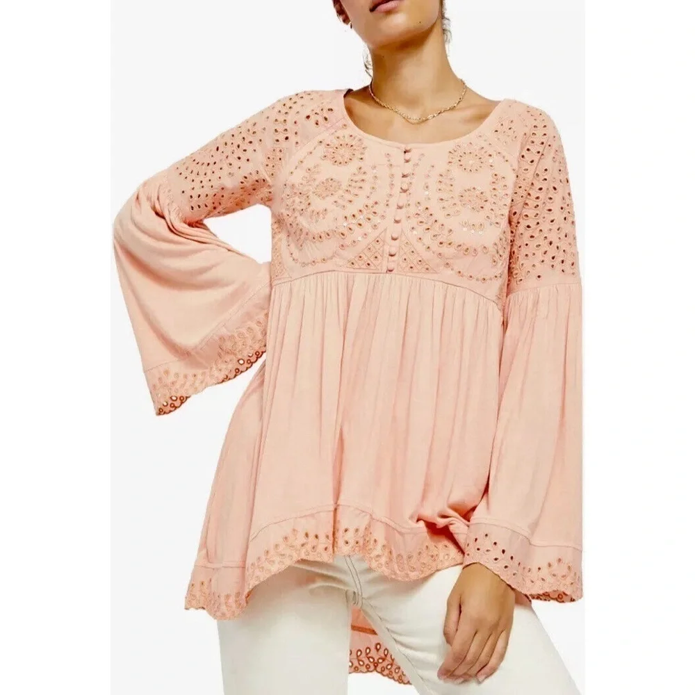 Free People Sea Of Love Top Eyelet Embroidered Fell Sleeve High Low Medium